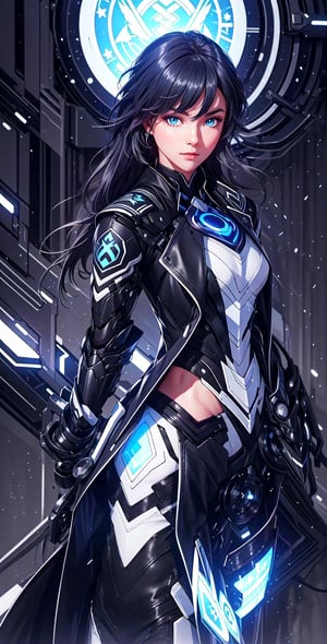 muscular mechanical body, glowing blue eyes, black-hair, leather long coat ,fu hua