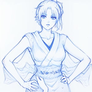 monochrome, short hair, japanese clothes, kimono, kagura \(gintama\), sketch, folded ponytail