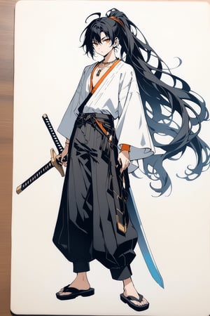 (full body), nai3, solo, artstyle,best quality,amazing quality,very aesthetic,absurdres,traditional media solo, looking at viewer,
solo, long hair, looking at viewer, black hair, long sleeves, 1boy, holding, jewelry, closed mouth, standing, full body, ponytail, weapon, ahoge, male focus, pants, sword, wide sleeves, necklace, holding weapon, orange eyes, holding sword, black pants, sandals, sheath, puffy pants
