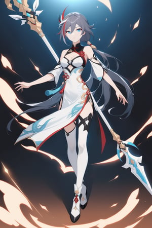 [[fu hua(Honkai Impact 3rd)]], (full body), nai3, 1girl, solo, artstyle,
1girl, solo, long hair, breasts, looking at viewer, bangs, blue eyes, black hair, hair ornament, thighhighs, dress, holding, cleavage, hair between eyes, bare shoulders, closed mouth, ponytail, weapon, multicolored hair, boots, holding weapon, streaked hair, chinese clothes, polearm, china dress, spear, holding polearm, fu hua