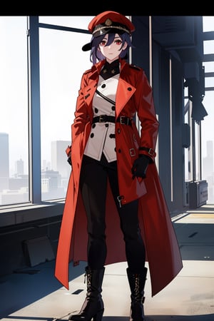 a beautiful woman,(( wearing a red trench coat)),highly detailed, expressive, cheerful, black hair,red eyes,fu hua,(((leather coat,Trench coat,pants,boots,uniform,closed clothes,hat))), red eyes