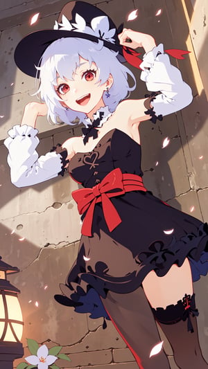 (masterpiece), (bestquality),loli,1girl, lying, dress, thighhighs, character doll, on back, solo, smile, ribbon, open mouth, looking at viewer, brown hair, frills, pillow, fishnets, petals, short hair, bare shoulders, hat, strapless, red eyes, strapless dress, :d