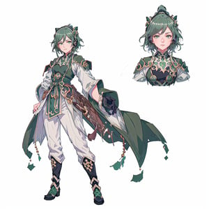 (CharacterSheet:1.2), 1 girl, solo, green eyes, ((((green hair:1.2)))) ,(( green feiyufu)), ((feiyufu)),headphones around neck,short hair, light smile,muscle_body, strong, fullbody black_bodysuit with green details,casual_wear, gloves, boots, pants, shirt, tecno_jacket, short-hair,,multiple views (full_body(front_view, back_view),uper_body(front_view, left_view, right_view)),(white background, simple background:1.2),(dynamic_pose:1.2),(masterpiece:1.2), (best quality, highest quality), (ultra detailed), (8k, 4k, intricate), (50mm), (highly detailed:1.2),(detailed face:1.2), detailed_eyes,(gradients),(ambient light:1.3),(cinematic composition:1.3),(HDR:1),Accent Lighting,extremely detailed,original, highres,(perfect_anatomy:1.2), perfect_face:1.2, detailed_anatomy, full_body,, , ,kongming suit