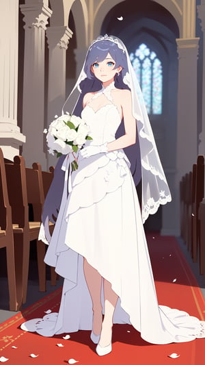 (1 beautiful woman, ornamented long hair,expensive detailed white wedding dress design by Clare Waight Keller, white bride veil, long white gloves),(full body) walking to the altar, holding a bouquet, church location, wedding, celebration time, petals falling down,Anime,fu hua