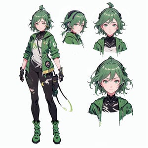 (CharacterSheet:1.2), 1 girl, solo, green eyes, ((((green hair:1.2)))) ,(( green feiyufu)), ((feiyufu)),headphones around neck,short hair, light smile,muscle_body, strong, fullbody black_bodysuit with green details,casual_wear, gloves, boots, pants, shirt, tecno_jacket, short-hair,,multiple views (full_body(front_view, back_view),uper_body(front_view, left_view, right_view)),(white background, simple background:1.2),(dynamic_pose:1.2),(masterpiece:1.2), (best quality, highest quality), (ultra detailed), (8k, 4k, intricate), (50mm), (highly detailed:1.2),(detailed face:1.2), detailed_eyes,(gradients),(ambient light:1.3),(cinematic composition:1.3),(HDR:1),Accent Lighting,extremely detailed,original, highres,(perfect_anatomy:1.2), perfect_face:1.2, detailed_anatomy, full_body,, , 