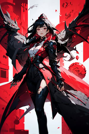 One female vampire, (dark red eyes), long black hair, bangs, hair_past_waist, perfect figure, ((red-colored apparel, often in the form of long, two-tailed coats)), bats flying in the background, dragon background 