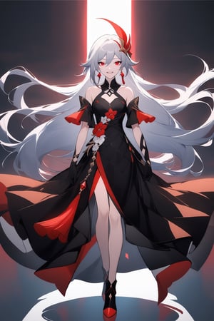 [[fu hua(Honkai Impact 3rd)]], (full body), nai3, 1girl, solo, artstyle,
1girl, solo, long hair, looking at viewer, smile, open mouth, bangs, hair ornament, red eyes, dress, hair between eyes, bare shoulders, jewelry, upper body, white hair, earrings, teeth, black gloves, black dress