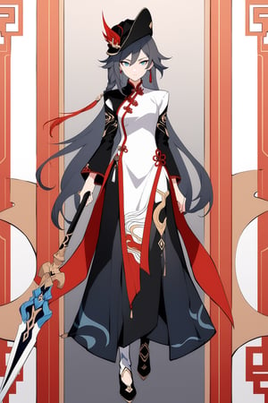 [[fu hua(Honkai Impact 3rd)]], (full body), nai3, 1girl, solo, artstyle,
1girl, solo, long hair, looking at viewer, black hair, long sleeves, hat, holding, jewelry, standing, full body, weapon, earrings, holding weapon, chinese clothes, polearm, spear, holding polearm