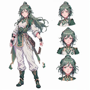 (CharacterSheet:1.2), 1 girl, solo, green eyes, ((((green hair:1.2)))) ,((green kongming suit)),headphones around neck,short hair, light smile,muscle_body, strong, fullbody black_bodysuit with green details,casual_wear, gloves, boots, pants, shirt, tecno_jacket, short-hair,,multiple views (full_body(front_view, back_view),uper_body(front_view, left_view, right_view)),(white background, simple background:1.2),(dynamic_pose:1.2),(masterpiece:1.2), (best quality, highest quality), (ultra detailed), (8k, 4k, intricate), (50mm), (highly detailed:1.2),(detailed face:1.2), detailed_eyes,(gradients),(ambient light:1.3),(cinematic composition:1.3),(HDR:1),Accent Lighting,extremely detailed,original, highres,(perfect_anatomy:1.2), perfect_face:1.2, detailed_anatomy, full_body,, , ,kongming suit