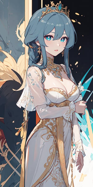 masterpiece, best quality, illustration, full body image, ornate and elaborate dress, platinum earrings, tiara, platinum necklace, white dress, 1 girl, cute, (dynamic lighting:1.2), cinematic lighting, delicate facial features, detailed eyes, green eyes, long red hair, sharp pupils, realistic pupils, depth of field, bokeh, sharp focus, (hyper-detailed, bloom, glow:1.4), red hair, full lips, big_breasts,fu_hua/young