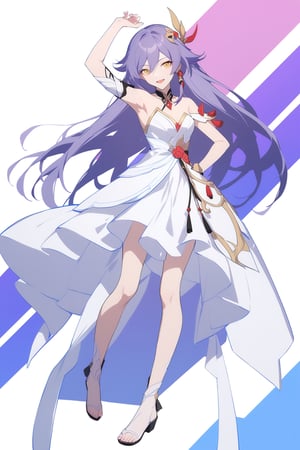 [[fu hua(Honkai Impact 3rd)]], (full body), nai3, 1girl, solo, artstyle,
1girl, solo, long hair, looking at viewer, smile, open mouth, bangs, hair ornament, dress, bare shoulders, full body, yellow eyes, pink hair, purple hair, armpits, white dress, arm up