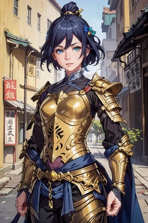 (looking at viewer:1.2), centered, (upper body), photography of a 22yo woman, masterpiece, | (beautiful detailed eyes:1.2), short hair, aqua hair color, light blue eyes, armored top, pauldrons, wide hips, lowleg armored pants, | sunset, bokeh, depth of field ,fu hua,(((female focus,armor,Chinese Armor,golden armor))),golden chain,(sanguozhi)