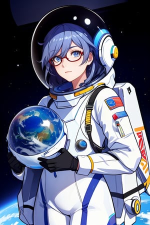 a beautiful girl in the sky from Mars, establishing herself in a spacesuit,fu hua,astronauts,space shuttle orbiter,holding the helmet,glasses