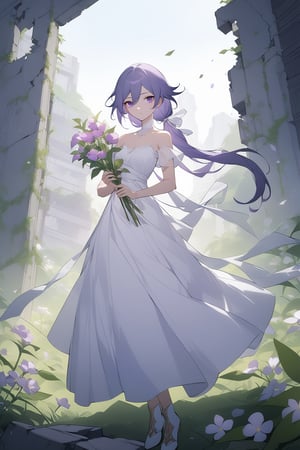 [[fu hua(Honkai Impact 3rd)]], (full body), nai3, 1girl, solo, artstyle,
1girl, solo, dress, ribbon, holding, standing, purple eyes, hair ribbon, purple hair, flower, white dress, official alternate costume, holding flower, ruins, overgrown, 