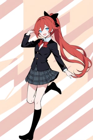 [[fu hua(Honkai Impact 3rd)]], (full body), nai3, 1girl, solo, artstyle,
1girl, solo, long hair, smile, open mouth, blue eyes, skirt, long sleeves, bow, ribbon, very long hair, school uniform, ponytail, braid, :d, hair bow, red hair, socks, kneehighs, hair intakes, leg up, black socks