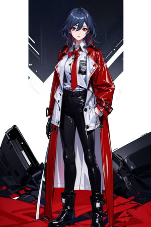 a beautiful woman, black hair,red eyes,fu hua,(((leather Trench  coat,red trench coat,long coat,black pants,boots,uniform,white shirt,opened clothes))), senti, red eyes, blue_eyes