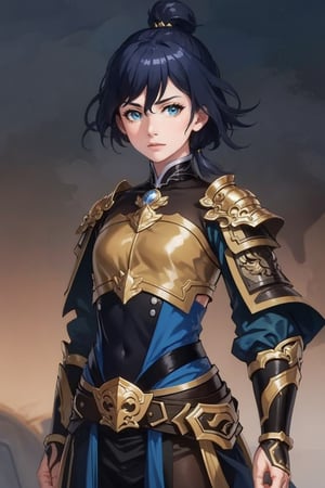 (detailed face:1.2), (looking at viewer:1.2), centered, (upper body), photography of a 22yo woman, masterpiece, | (beautiful detailed eyes:1.2), short hair, aqua hair color, light blue eyes, armored top, pauldrons, wide hips, lowleg armored pants, | sunset, bokeh, depth of field, | fantasy world, medieval, fantasy town, ,fu hua,Chinese Armor,golden armor,golden chain,sanguozhi