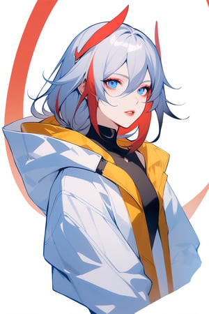 [[fu hua(Honkai Impact 3rd)]], (full body), nai3, 1girl, solo, artstyle,
1girl, solo, looking at viewer, bangs, blue eyes, simple background, white background, hair between eyes, upper body, white hair, red hair, multicolored hair, parted lips, hood, two-tone hair, lips, streaked hair, hood down, head wings, yellow coat