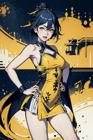 (masterpiece), 1girl, best quality, expressive eyes, perfect face,mature female, large breasts, braid, slim body, yellow eyes, hair ribbon, flat yellow color, lineart, abstract, flower, yellow theme, greyscale, monochrome, sleeveless dress, smile, open mouth, legs, hands on hips ,senti,kiana,lixue,fu hua\bengluo,souryuuasukalangley
