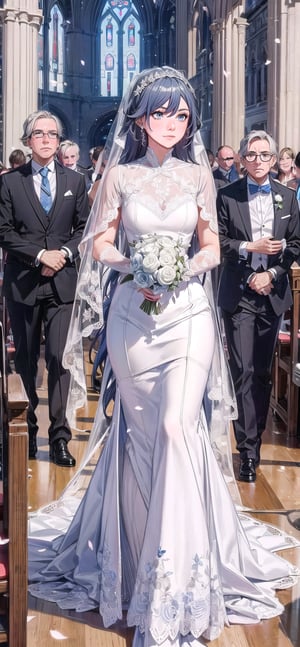 (1 beautiful woman, ornamented long blue hair,expensive detailed white wedding dress design by Clare Waight Keller, white bride veil, long white gloves), walking to the altar, holding a bouquet, church location, wedding, celebration time, petals falling down, people sitting down background, priest in front of the spouse, close-up ,perfecteyes,fu hua