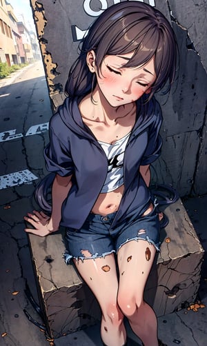 (masterpiece, 4k), 1girl, torn clothes, homeless, long brown hair, calm face, closed eyes, filthy body, dirty clothes, abrasions and bruises, skinny, beautiful, detailed, sits leaning against the wall, street outdoors, view from above,fu_hua/young