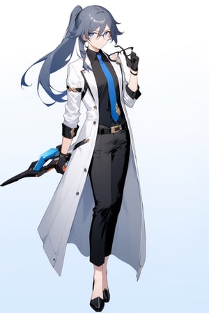 [[fu hua(Honkai Impact 3rd)]], (full body), nai3, 1girl, solo, artstyle,
1girl, solo, long hair, looking at viewer, bangs, blue eyes, shirt, black hair, gloves, long sleeves, white background, holding, hair between eyes, closed mouth, jacket, ponytail, necktie, glasses, black gloves, belt, pants, vest, black shirt, black pants, formal, white jacket, blue necktie, holding eyewear, polo shirt, fu hua