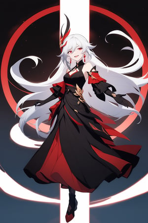 [[fu hua(Honkai Impact 3rd)]], (full body), nai3, 1girl, solo, artstyle,
1girl, solo, long hair, looking at viewer, smile, open mouth, bangs, hair ornament, red eyes, dress, hair between eyes, bare shoulders, jewelry, upper body, white hair, earrings, teeth, black gloves, black dress