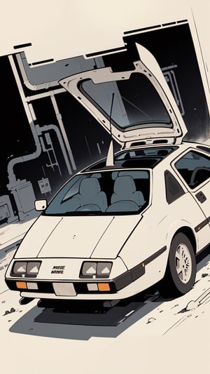 ((Moebius style))highly detailed, line ink illustration,highly detailed, ink sketch,ink Draw,Comic Book-Style 2d,2d, pastel colors, DeLorean DMC-12, open doors