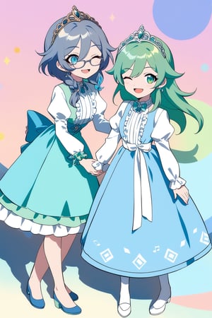 [[fu hua(Honkai Impact 3rd)]], (full body), nai3, 1girl, solo, artstyle,
long hair, smile, short hair, open mouth, blue eyes, multiple girls, long sleeves, dress, bow, 2girls, green eyes, blue hair, frills, one eye closed, green hair, glasses, puffy sleeves, blue dress, watermark, tiara, musical note, eighth note, retro artstyle