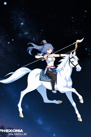 [[fu hua (phoenix)(honkai impact 3rd)]], 4K wallpaper, ((a toxotae from ancient China, riding a white horse and holding bow and arrow.)) Under the starry sky,shooting to the sky,full_body