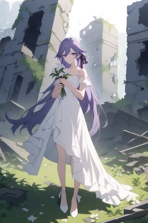 [[fu hua(Honkai Impact 3rd)]], (full body), nai3, 1girl, solo, artstyle,
1girl, solo, dress, ribbon, holding, standing, purple eyes, hair ribbon, purple hair, flower, white dress, official alternate costume, holding flower, ruins, overgrown, 