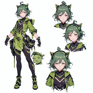 (CharacterSheet:1.2), 1 girl, solo, green eyes, ((((green hair:1.2)))) ,((green kongming suit)),headphones around neck,short hair, light smile,muscle_body, strong, fullbody black_bodysuit with green details,casual_wear, gloves, boots, pants, shirt, tecno_jacket, short-hair,,multiple views (full_body(front_view, back_view),uper_body(front_view, left_view, right_view)),(white background, simple background:1.2),(dynamic_pose:1.2),(masterpiece:1.2), (best quality, highest quality), (ultra detailed), (8k, 4k, intricate), (50mm), (highly detailed:1.2),(detailed face:1.2), detailed_eyes,(gradients),(ambient light:1.3),(cinematic composition:1.3),(HDR:1),Accent Lighting,extremely detailed,original, highres,(perfect_anatomy:1.2), perfect_face:1.2, detailed_anatomy, full_body,, , ,kongming suit,long skirt,sarashi,guanhelmet