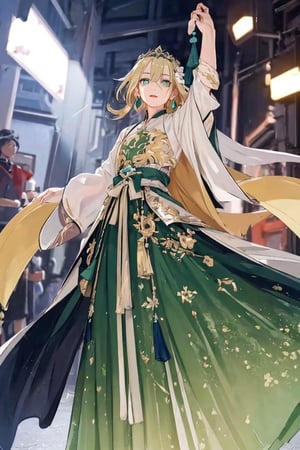 masterpiece, best quality, illustration, full body image, ornate and elaborate dress, platinum earrings, tiara, platinum necklace, white dress, 1girl, cute, (dynamic lighting:1.2), cinematic lighting, delicate facial features, detailed eyes, green eyes, long blonde hair, sharp pupils, realistic pupils, depth of field, bokeh, sharp focus, (hyper-detailed, bloom, glow:1.4), blonde hair, full lips, bright green eyes,fu hua,hanfu