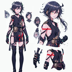 (CharacterSheet:1.2), 1 girl, solo,,headphones around neck,short hair, light smile,muscle_body, strong, fullbody black_bodysuit with green details,casual_wear, gloves, boots, pants, shirt, tecno_jacket, short-hair,,multiple views (full_body(front_view, back_view),uper_body(front_view, left_view, right_view)),(white background, simple background:1.2),(dynamic_pose:1.2),(masterpiece:1.2), (best quality, highest quality), (ultra detailed), (8k, 4k, intricate), (50mm), (highly detailed:1.2),(detailed face:1.2), detailed_eyes,(gradients),(ambient light:1.3),(cinematic composition:1.3),(HDR:1),Accent Lighting,extremely detailed,original, highres,(perfect_anatomy:1.2), perfect_face:1.2, detailed_anatomy, full_body,, , ,kongming suit,long skirt,sarashi,guanhelmet,senti,china dress with heart cutout,fu hua,chinese clothes,yifu,floral print,hanfu,chinese clothe,print robe,1girl,fu_hua