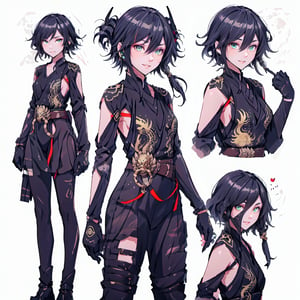 (CharacterSheet:1.2), 1 girl, solo,,headphones around neck,short hair, light smile,muscle_body, strong, fullbody black_bodysuit with green details,casual_wear, gloves, boots, pants, shirt, tecno_jacket, short-hair,,multiple views (full_body(front_view, back_view),uper_body(front_view, left_view, right_view)),(white background, simple background:1.2),(dynamic_pose:1.2),(masterpiece:1.2), (best quality, highest quality), (ultra detailed), (8k, 4k, intricate), (50mm), (highly detailed:1.2),(detailed face:1.2), detailed_eyes,(gradients),(ambient light:1.3),(cinematic composition:1.3),(HDR:1),Accent Lighting,extremely detailed,original, highres,(perfect_anatomy:1.2), perfect_face:1.2, detailed_anatomy, full_body,, , ,kongming suit,long skirt,sarashi,guanhelmet,senti,china dress with heart cutout,fu hua,chinese clothes,yifu,floral print,hanfu,chinese clothe,print robe,1girl,fu_hua