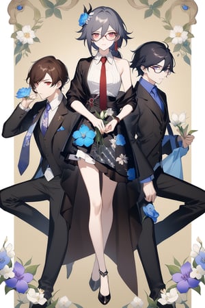 [[fu hua(Honkai Impact 3rd)]], (full body), nai3, 1girl, solo, artstyle,
1girl, long hair, looking at viewer, short hair, blue eyes, skirt, brown hair, shirt, black hair, hair ornament, red eyes, brown eyes, purple eyes, flower, multiple boys, necktie, glasses, hair flower, copyright name, watermark, floral print, cover, 4boys, holding flower, 5boys