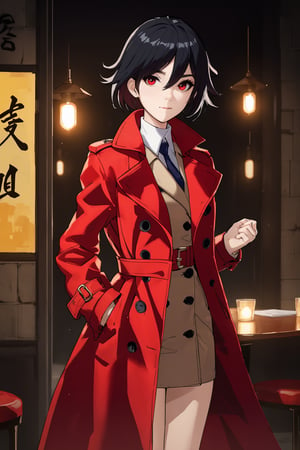 full body, (1girl, looking at viewer), a beautiful woman,(( wearing a red trench coat)),, key visual, vibrant, highly detailed, expressive, cinematic lighting, detailed eyes, cheerful, black hair,red eyes,fu hua