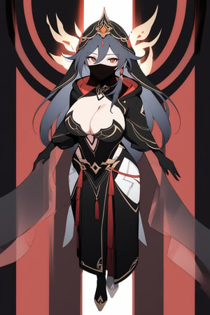 [[fu hua(Honkai Impact 3rd)]], (full body), nai3, 1girl, solo, artstyle,
1girl, solo, breasts, smile, large breasts, black hair, cleavage, brown eyes, upper body, hood, veil, mouth veil