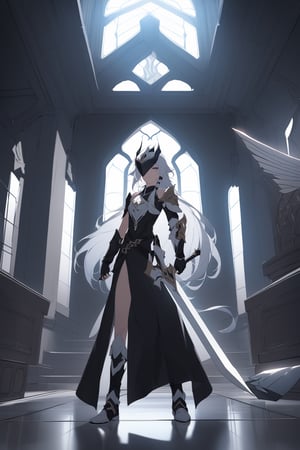 [[fu hua(Honkai Impact 3rd)]], (full body), nai3, 1girl, solo, artstyle,
1girl, long hair, 1boy, dress, holding, weapon, white hair, sword, indoors, holding weapon, armor, black dress, window, helmet, shield, arrow \(projectile\), axe, holding shield