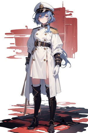 (masterpiece:1.3), (the best quality:1.2), (super fine illustrations:1.2), (Masterpiece), high quality, high detail, ((white background:1.2)), looking at viewer, (SOLO:1.4), outline, , simple background, military uniform, white gloves, uniform, boots, knee boots, armor, dress, military uniform,yu fuhua