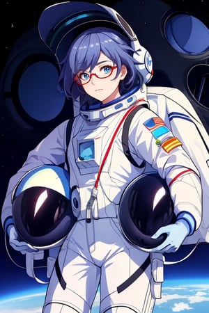 a beautiful girl in the sky from Mars, establishing herself in a spacesuit,fu hua,astronauts,space shuttle orbiter,holding the helmet,glasses