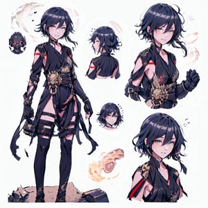 (CharacterSheet:1.2), 1 girl, solo,,headphones around neck,short hair, light smile,muscle_body, strong, fullbody black_bodysuit with green details,casual_wear, gloves, boots, pants, shirt, tecno_jacket, short-hair,,multiple views (full_body(front_view, back_view),uper_body(front_view, left_view, right_view)),(white background, simple background:1.2),(dynamic_pose:1.2),(masterpiece:1.2), (best quality, highest quality), (ultra detailed), (8k, 4k, intricate), (50mm), (highly detailed:1.2),(detailed face:1.2), detailed_eyes,(gradients),(ambient light:1.3),(cinematic composition:1.3),(HDR:1),Accent Lighting,extremely detailed,original, highres,(perfect_anatomy:1.2), perfect_face:1.2, detailed_anatomy, full_body,, , ,kongming suit,long skirt,sarashi,guanhelmet,senti,china dress with heart cutout,fu hua,chinese clothes,yifu,floral print,hanfu,chinese clothe,print robe,1girl,fu_hua