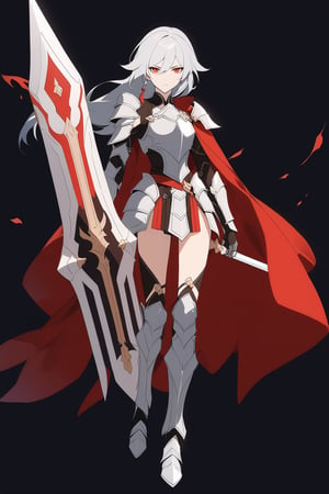 [[fu hua(Honkai Impact 3rd)]], (full body), nai3, 1girl, solo, artstyle,
1girl, solo, long hair, looking at viewer, simple background, gloves, holding, closed mouth, standing, full body, weapon, white hair, boots, sword, signature, cape, holding weapon, armor, holding sword, polearm, black background, shoulder armor, gauntlets, sheath, legs apart, pauldrons, shield, sheathed, breastplate, red cape, armored boots, scabbard, greaves, knight, lance, holding shield, leg armor, plate armor