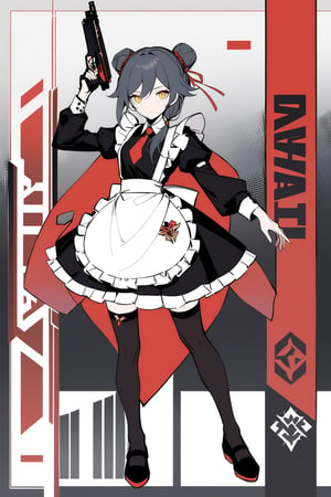 [[fu hua(Honkai Impact 3rd)]], (full body), nai3, 1girl, solo, artstyle,
1girl, solo, looking at viewer, bangs, black hair, thighhighs, long sleeves, dress, holding, standing, full body, yellow eyes, weapon, frills, shoes, black thighhighs, hair bun, black footwear, apron, character name, black dress, arm up, english text, official alternate costume, gun, maid, double bun, copyright name, red necktie, white apron, red neckerchief, maid apron, frilled apron