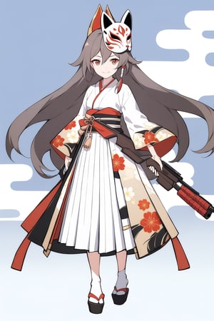 [[fu hua(Honkai Impact 3rd)]], (full body), nai3, 1girl, solo, artstyle,
1girl, solo, long hair, looking at viewer, smile, bangs, skirt, brown hair, hair ornament, long sleeves, holding, brown eyes, standing, weapon, pleated skirt, japanese clothes, wide sleeves, holding weapon, gun, mask, floral print, white skirt, rifle, mask on head, fox mask