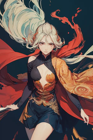 masterpiece, best quality, ultra high res, beautiful, elegant, graceful, award-winning art, 1girl, (style of Yuko Shimizu:1.4), (abstract art:1.2), style of rebecca guay, fu hua\bengluo, white_hair, orange_eyes, streaked_hair, fu hua, orange_hair, red_hair, fire, fiery_hair, hair_between_eyes, multicolored_hair, fu hua\bengluo, fiery_wings,fire, cloaked in flames, dark theme, visually stunning, gorgeous,cloud, fu hua\bengluo, ,fuhua/heiyu,scar