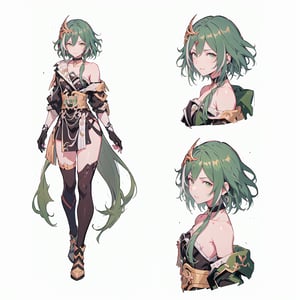 (CharacterSheet:1.2), 1 girl, solo, green eyes, ((((green hair:1.2)))) ,((green kongming suit)),headphones around neck,short hair, light smile,muscle_body, strong, fullbody black_bodysuit with green details,casual_wear, gloves, boots, pants, shirt, tecno_jacket, short-hair,,multiple views (full_body(front_view, back_view),uper_body(front_view, left_view, right_view)),(white background, simple background:1.2),(dynamic_pose:1.2),(masterpiece:1.2), (best quality, highest quality), (ultra detailed), (8k, 4k, intricate), (50mm), (highly detailed:1.2),(detailed face:1.2), detailed_eyes,(gradients),(ambient light:1.3),(cinematic composition:1.3),(HDR:1),Accent Lighting,extremely detailed,original, highres,(perfect_anatomy:1.2), perfect_face:1.2, detailed_anatomy, full_body,, , ,kongming suit,long skirt,sarashi,guanhelmet,senti