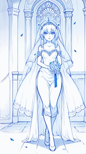 monochrome, (1 beautiful woman, ornamented long hair, expensive detailed white wedding dress design by Clare Waight Keller, white bride veil, long white gloves), (full body) walking to the altar, holding a bouquet, church location, wedding, celebration time, petals falling down, Anime, fu hua,Anime