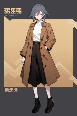 [[fu hua(Honkai Impact 3rd)]], (full body), nai3, 1girl, solo, artstyle,
1girl, solo, looking at viewer, short hair, skirt, shirt, black hair, long sleeves, jewelry, standing, full body, closed eyes, yellow eyes, white shirt, pants, black skirt, black footwear, character name, vest, english text, coat, ring, hand in pocket, chinese text, brown coat