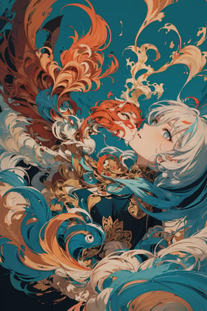 masterpiece, best quality, ultra high res, beautiful, elegant, graceful, award-winning art, 1girl, (style of Yuko Shimizu:1.4), (abstract art:1.2), style of rebecca guay, fu hua\bengluo, white_hair, orange_eyes, streaked_hair, fu hua, orange_hair, red_hair, fire, fiery_hair, hair_between_eyes, multicolored_hair, fu hua\bengluo, fiery_wings,fire, cloaked in flames, dark theme, visually stunning, gorgeous,cloud, fu hua\bengluo, 